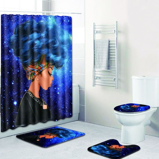 4 Pcs African Girl Bathroom Shower Curtain & Mat Set Anti-Slip