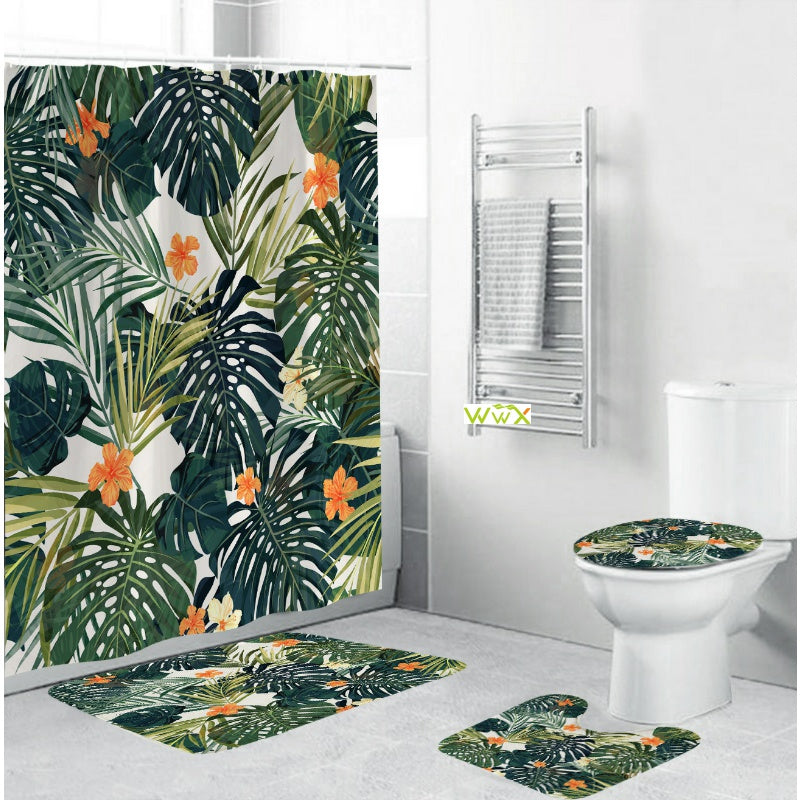 4 Piece Bathroom Shower Curtain & Mats Set Anti-Slip