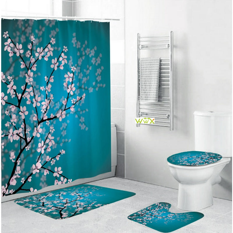 4 Piece Bathroom Shower Curtain & Mats Set Anti-Slip