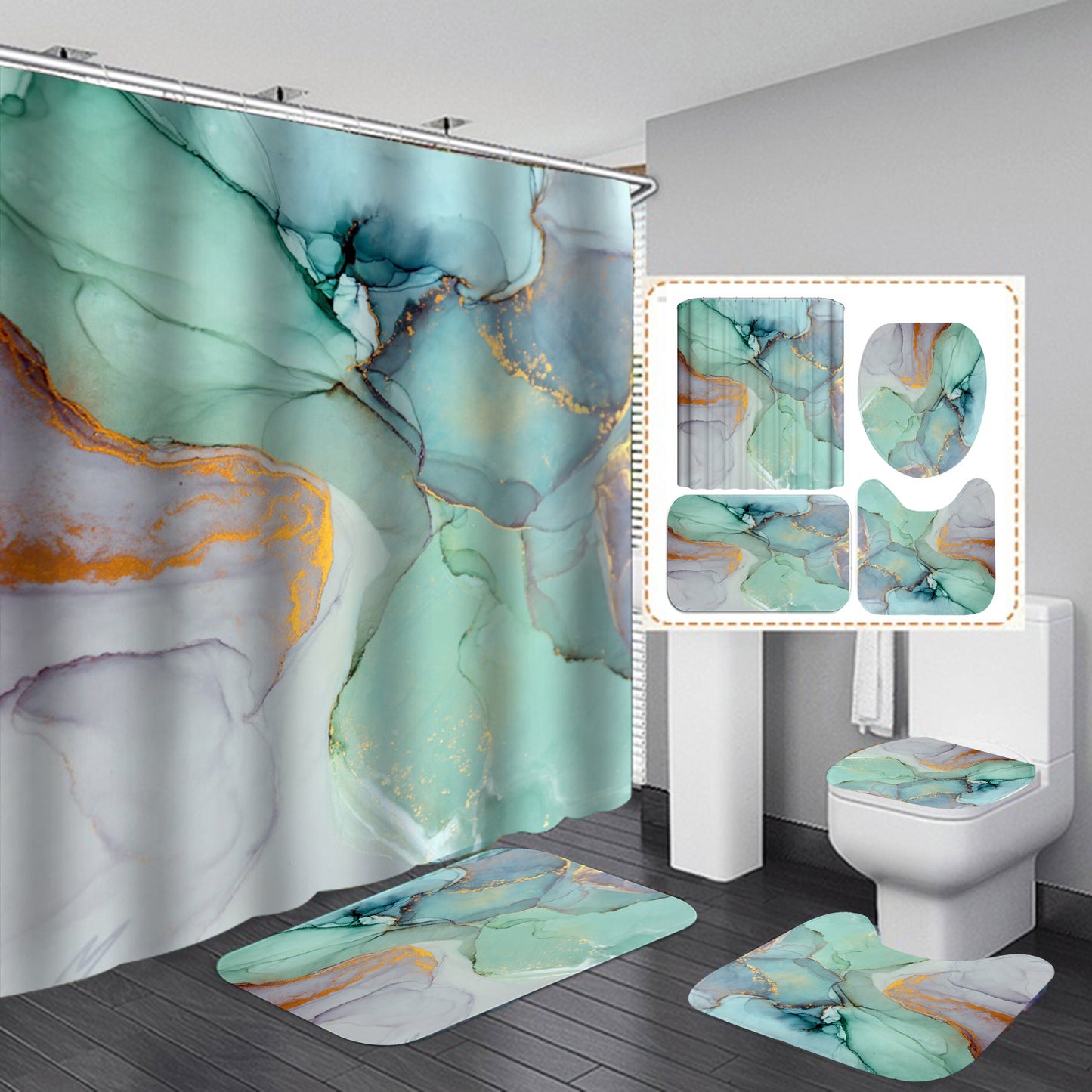 Beautiful Modern Shower Curtains & Mat Set, Anti-Slip Soft Carpet, Water Absorption Bathroom Decoration