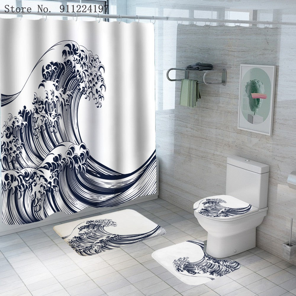 4 Piece Ocean Wave Series Shower Curtain Bathroom Set