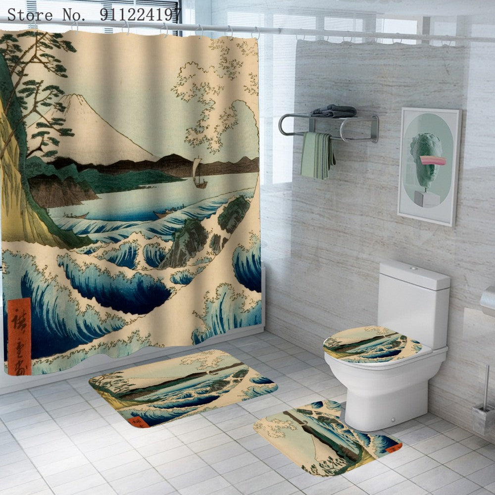 4 Piece Ocean Wave Series Shower Curtain Bathroom Set