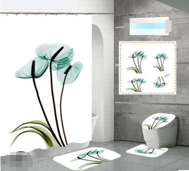 Beautiful Flower Print Waterproof Polyester Bathroom Shower Curtain & Mat Set Anti-Slip