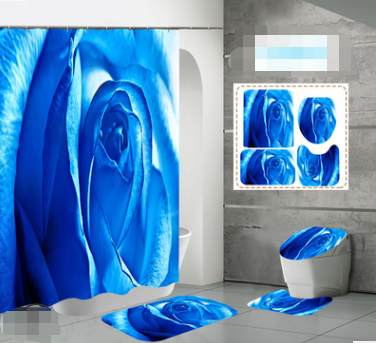 Beautiful Flower Print Waterproof Polyester Bathroom Shower Curtain & Mat Set Anti-Slip