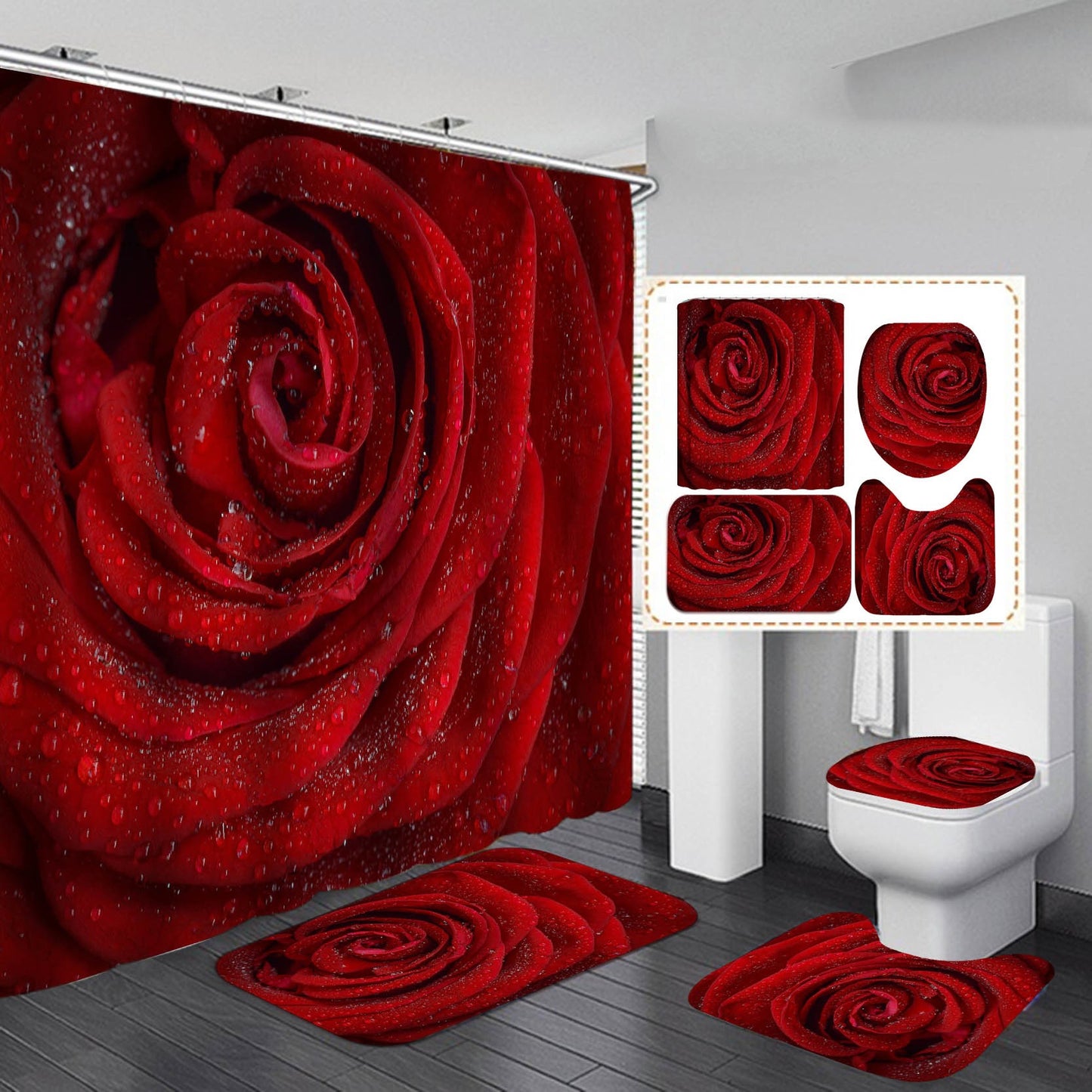 Beautiful Red Flowers Print Waterproof Polyester Bathroom Shower Curtain