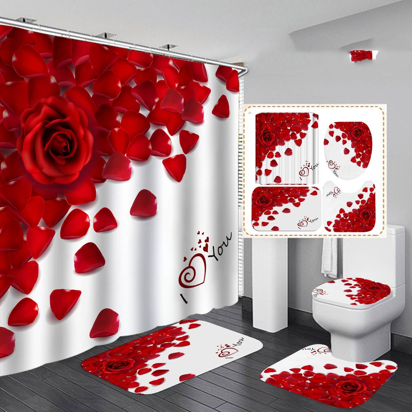 Beautiful Red Flowers Print Waterproof Polyester Bathroom Shower Curtain
