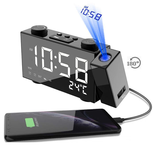 FM Radio Projection 180 Degrees Alarm Clock, With Digital Display, USB Charging, Temperature Display
