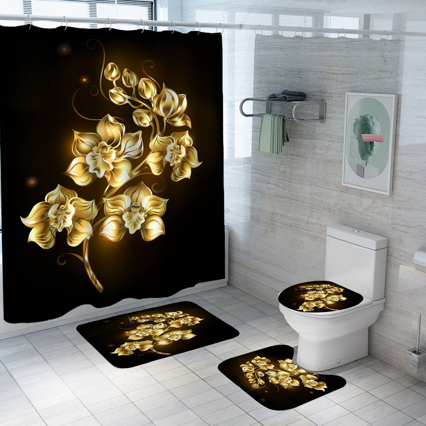 4 Piece Shiny Golden Rose Waterproof Shower Curtain Set