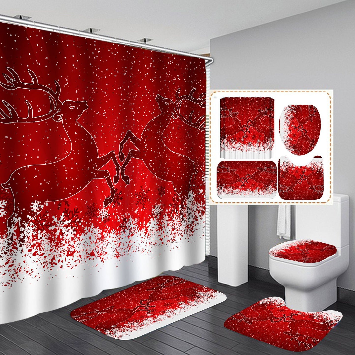 Christmas Waterproof Polyester Shower Curtain & Mat Set for Bathroom