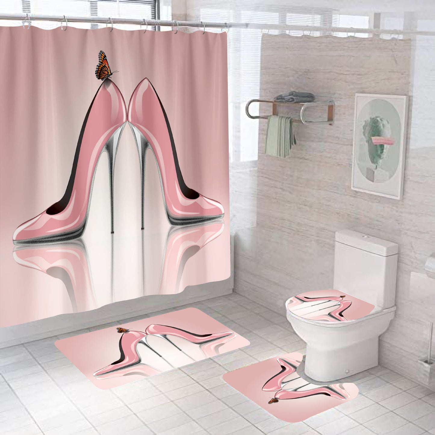 4 Piece Anti-Slip, Waterproof & Mildew-proof Shower Curtain Set, High-heeled Shoes Design,