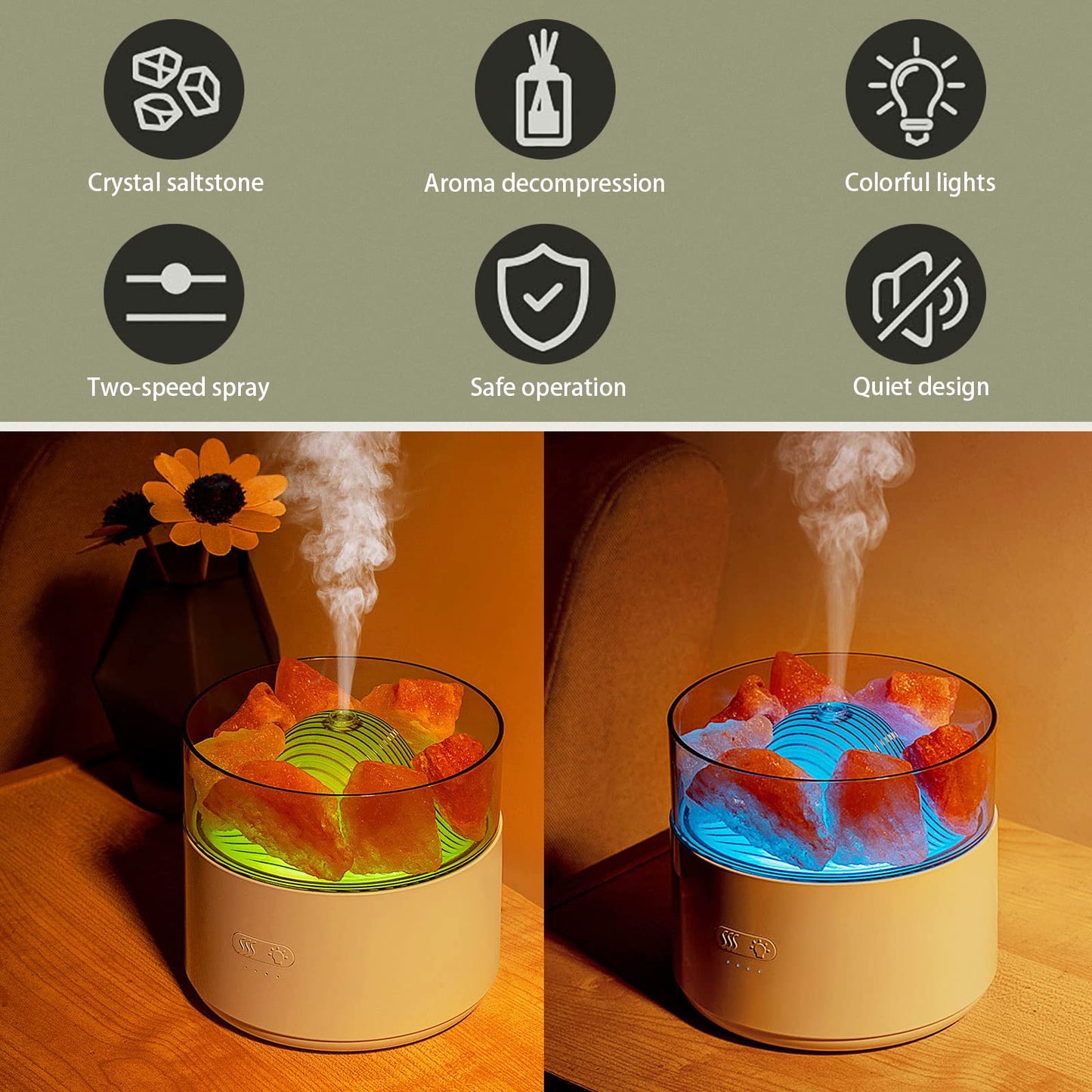 3 In 1 Air Humidifier Crystal Salt Aroma Diffuser, Essential Oil Lamp Diffusor Ambient Light