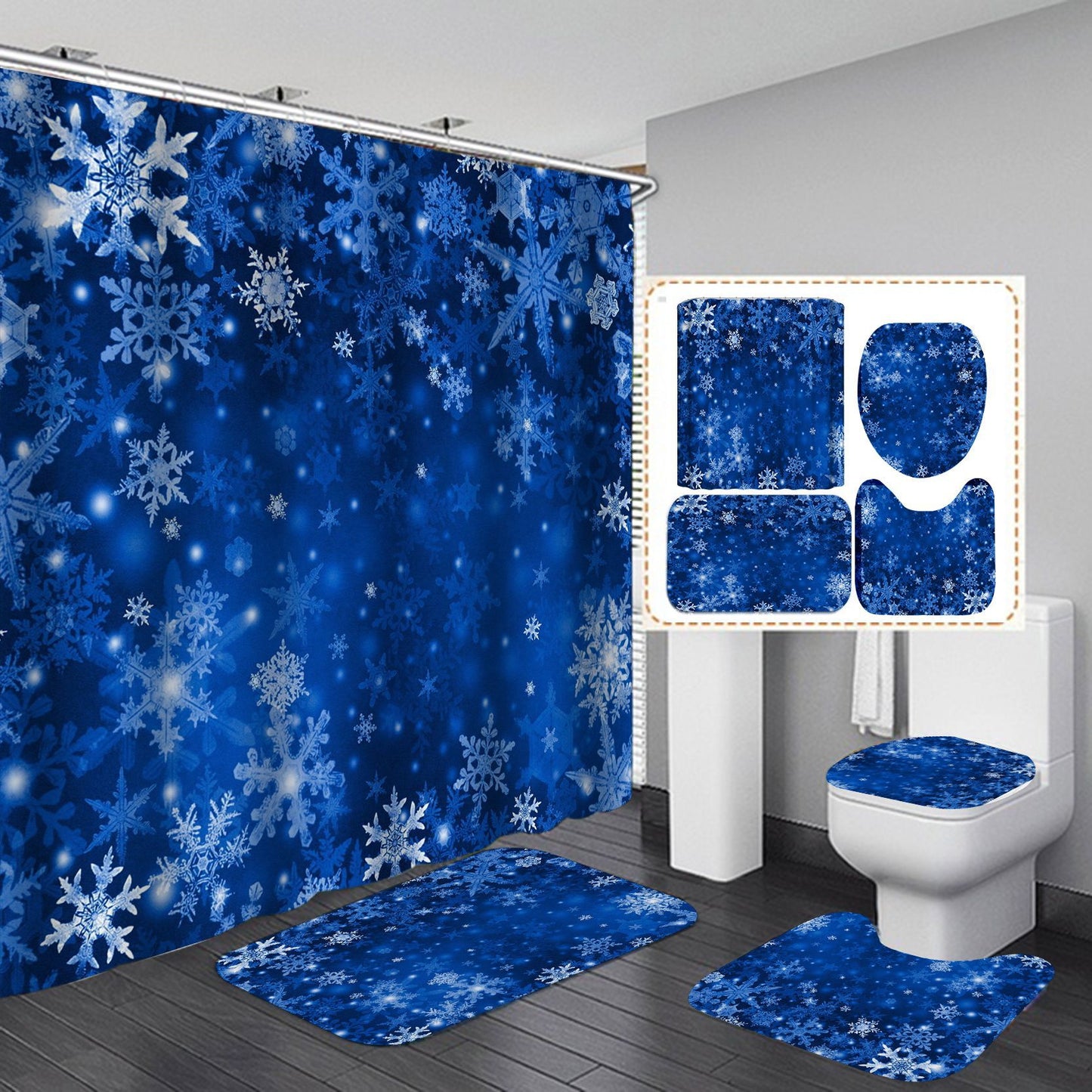 Christmas Waterproof Polyester Shower Curtain & Mat Set for Bathroom